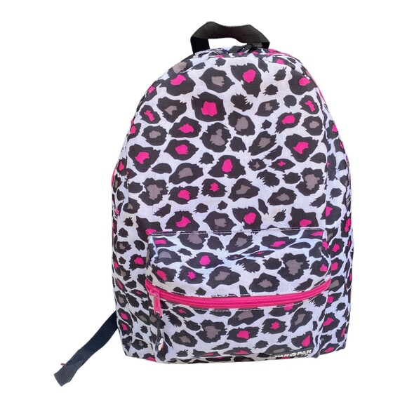 Yak Pak  Heart Pink Grey Black Leopard Print Backpack 16"x12"  Exterior Pocket - Picture 1 of 10